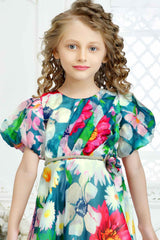 Organza Multicolor Floral Printed Frock For Girls