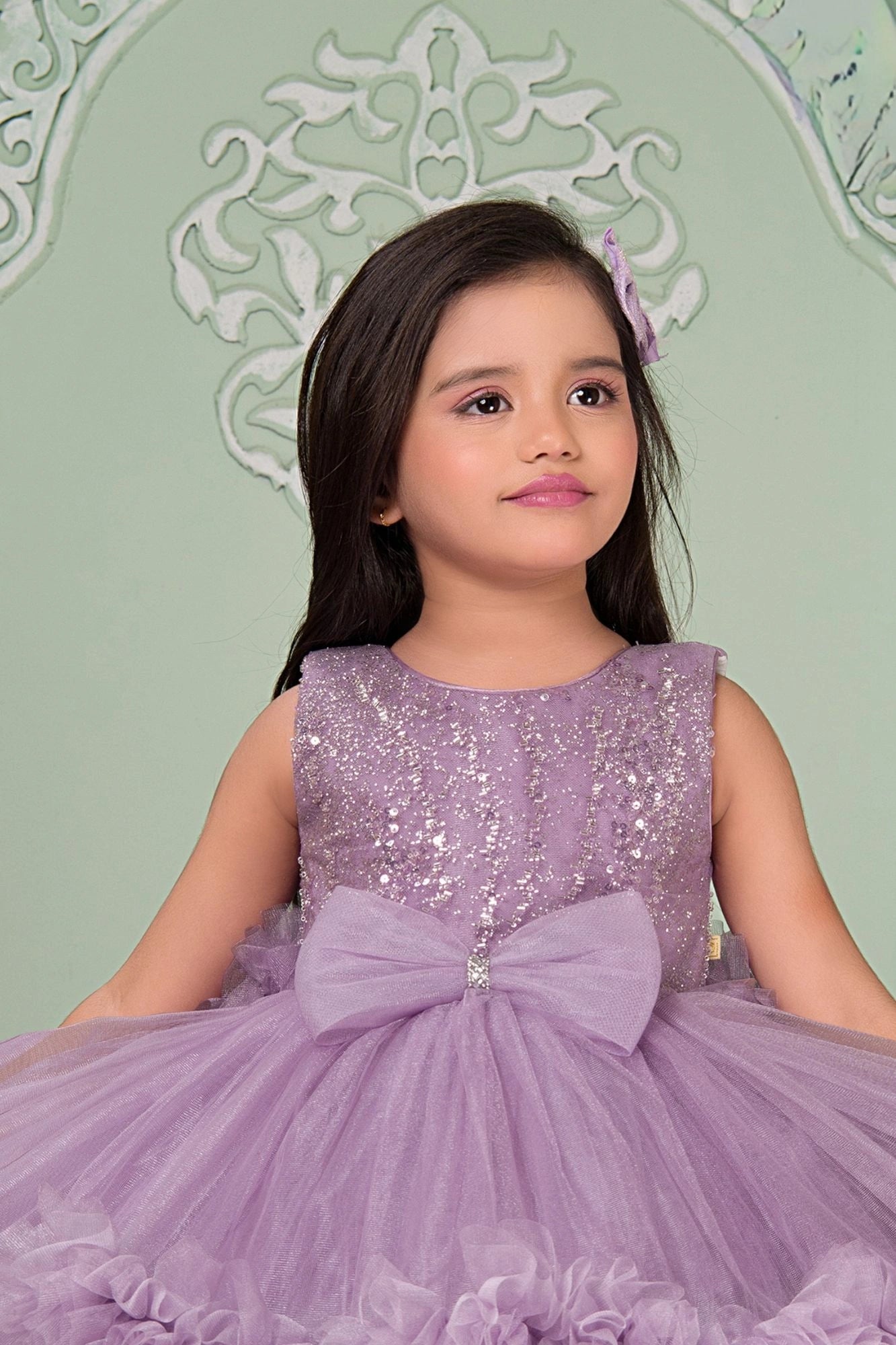 Lavender Sequin Bodice Party Wear Frock with Ruffle Hem & Bow Accent For Girls