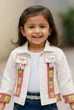 Denim Skirt Set with Embroidered Cream Jacket For Girls