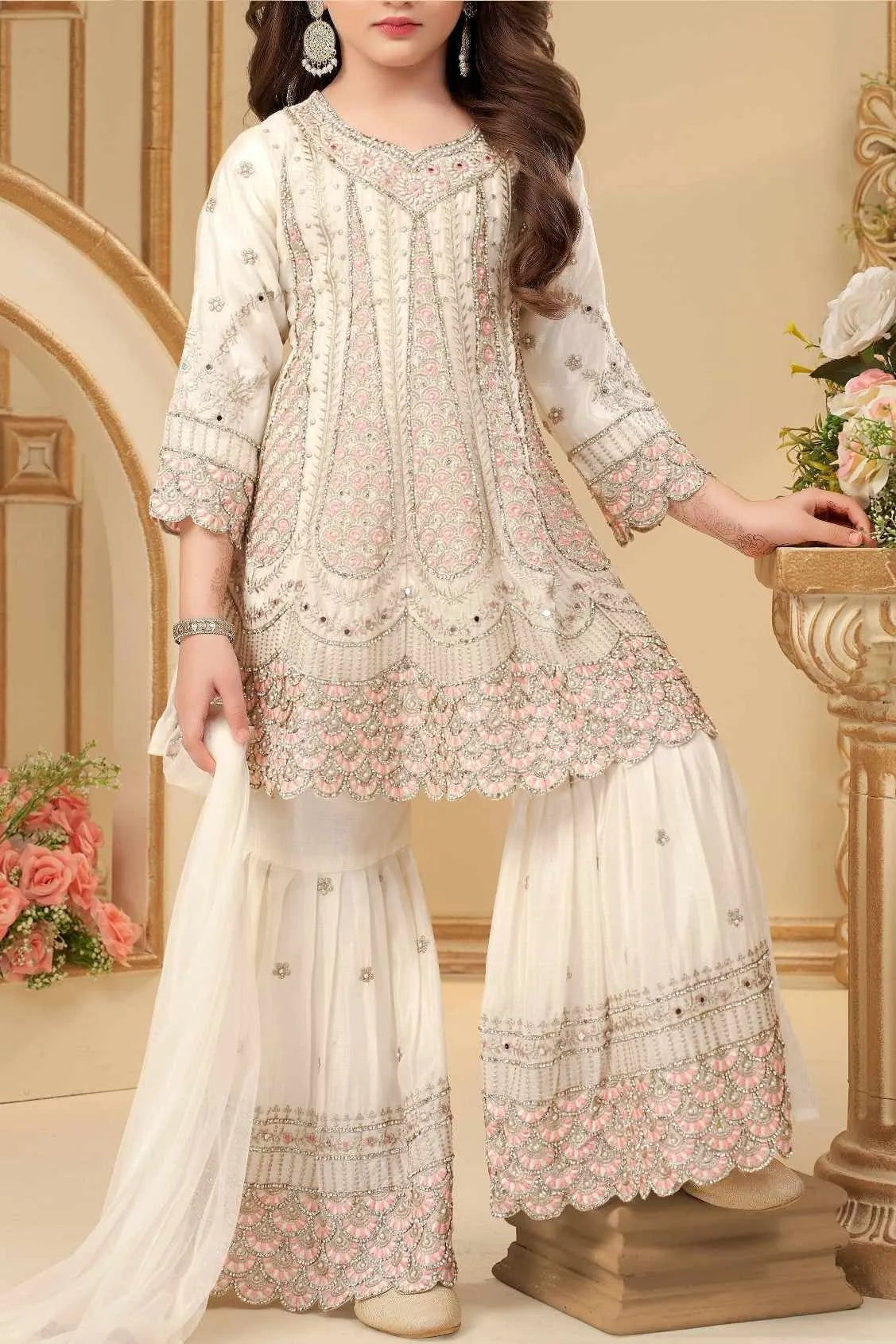 Cream Embroidered Palazzo Set With Dupatta for Girls