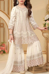 Cream Embroidered Sharara Set With Dupatta for Girls