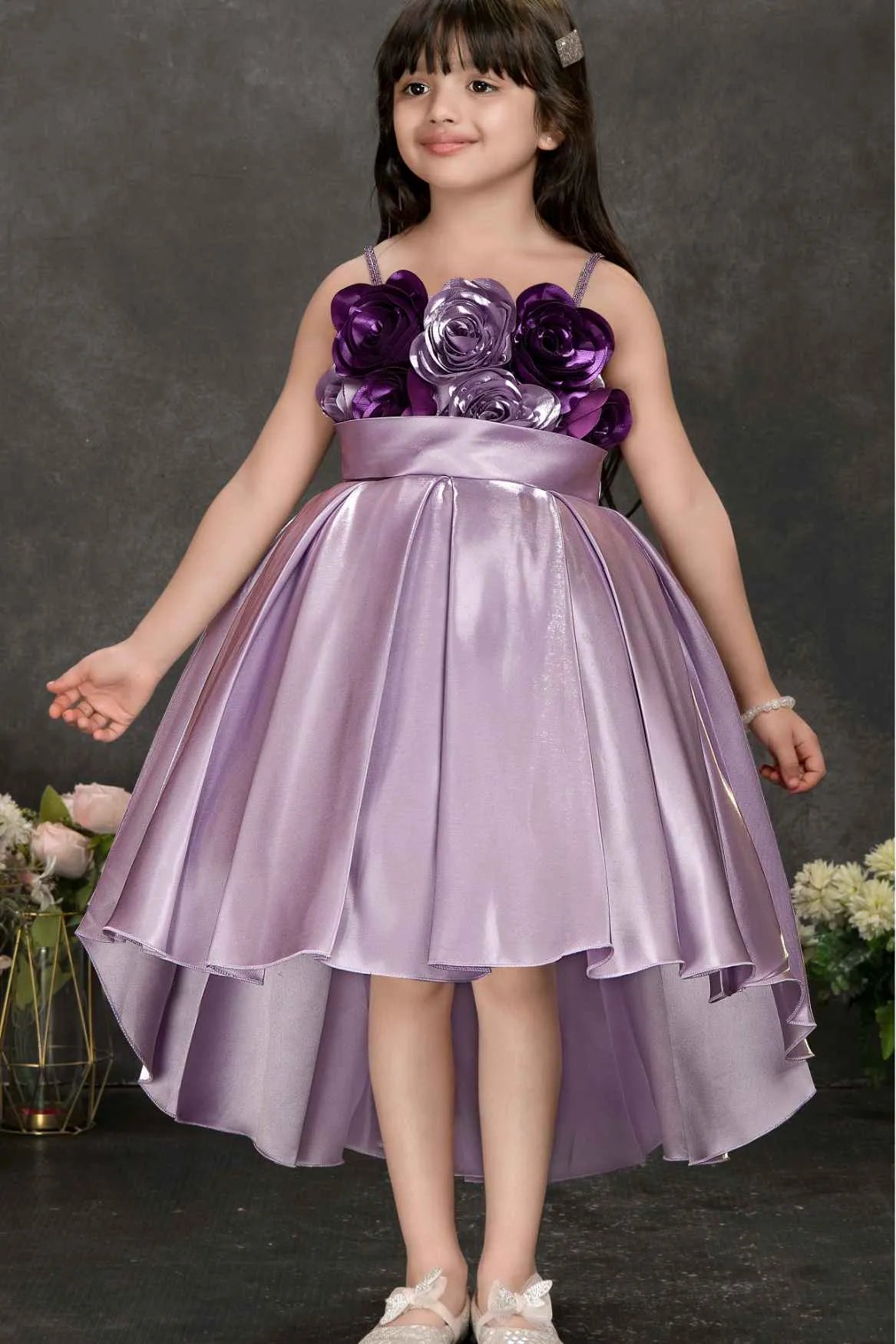 Lavender High-Low Party Frock with 3D Floral Bodice For Girls