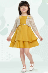 Mustard Casual Frock With Overcoat For Girls