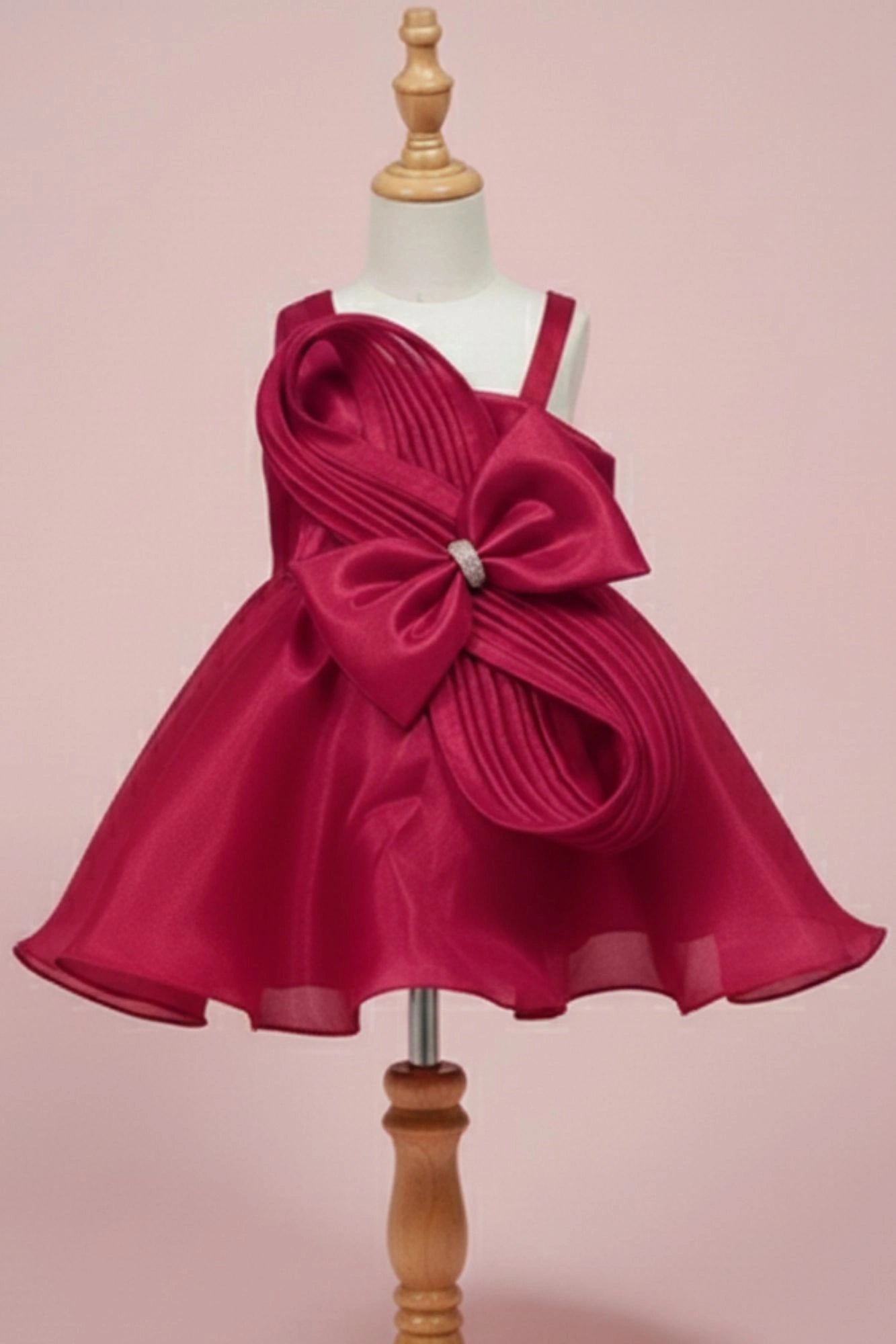 Rani Pink Embellished Party Frock with Pleated Petal Bow For Girls