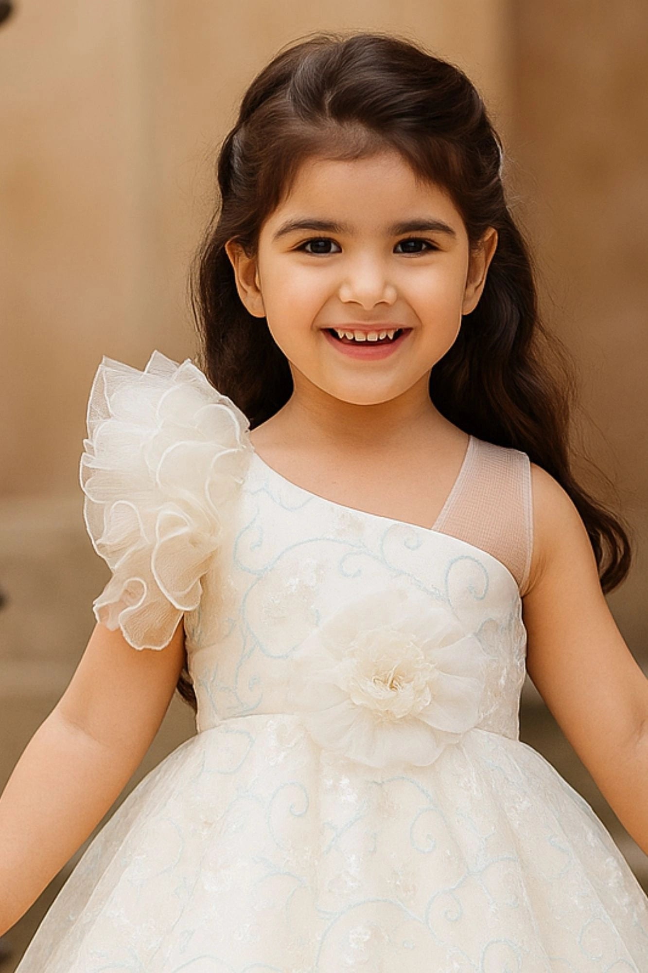 White One-Shoulder Sequins Embroidered Party Frock with Floral Accent For Girls