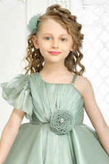 Green Aysmmetric Sleeve Frock With Floral Embellished For Girls