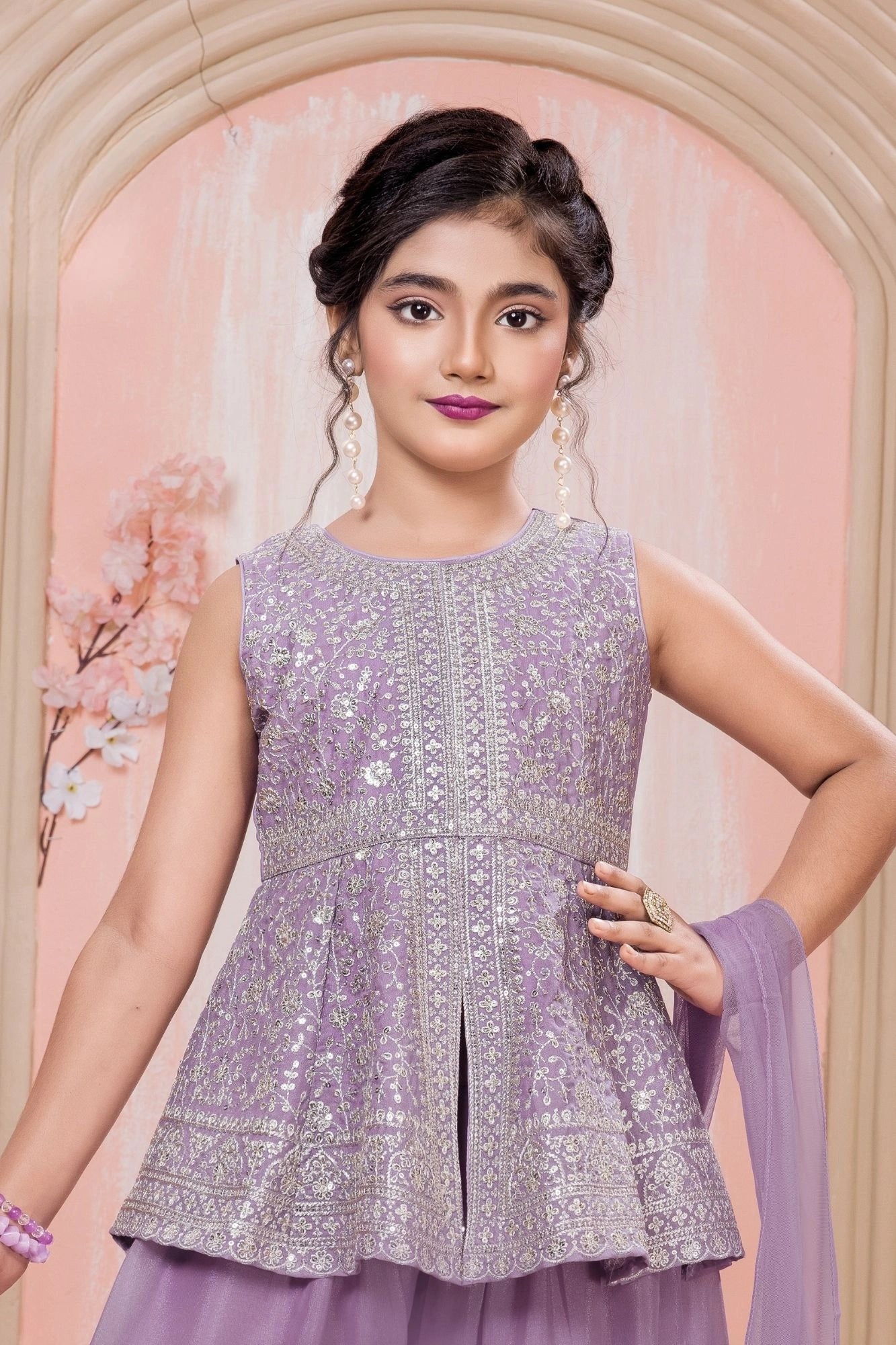 Lavender Sequins And Zari Embroidered Peplum Kurti With Palazzo Set for Girls