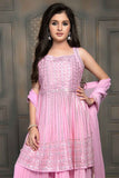 Pink Sleeveless And Mirror Work With Sequins Embroidery Top And Palazzo Set For Girls