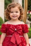 Girls Red 3D Floral Net High-Low Party Frock With Statement Bow