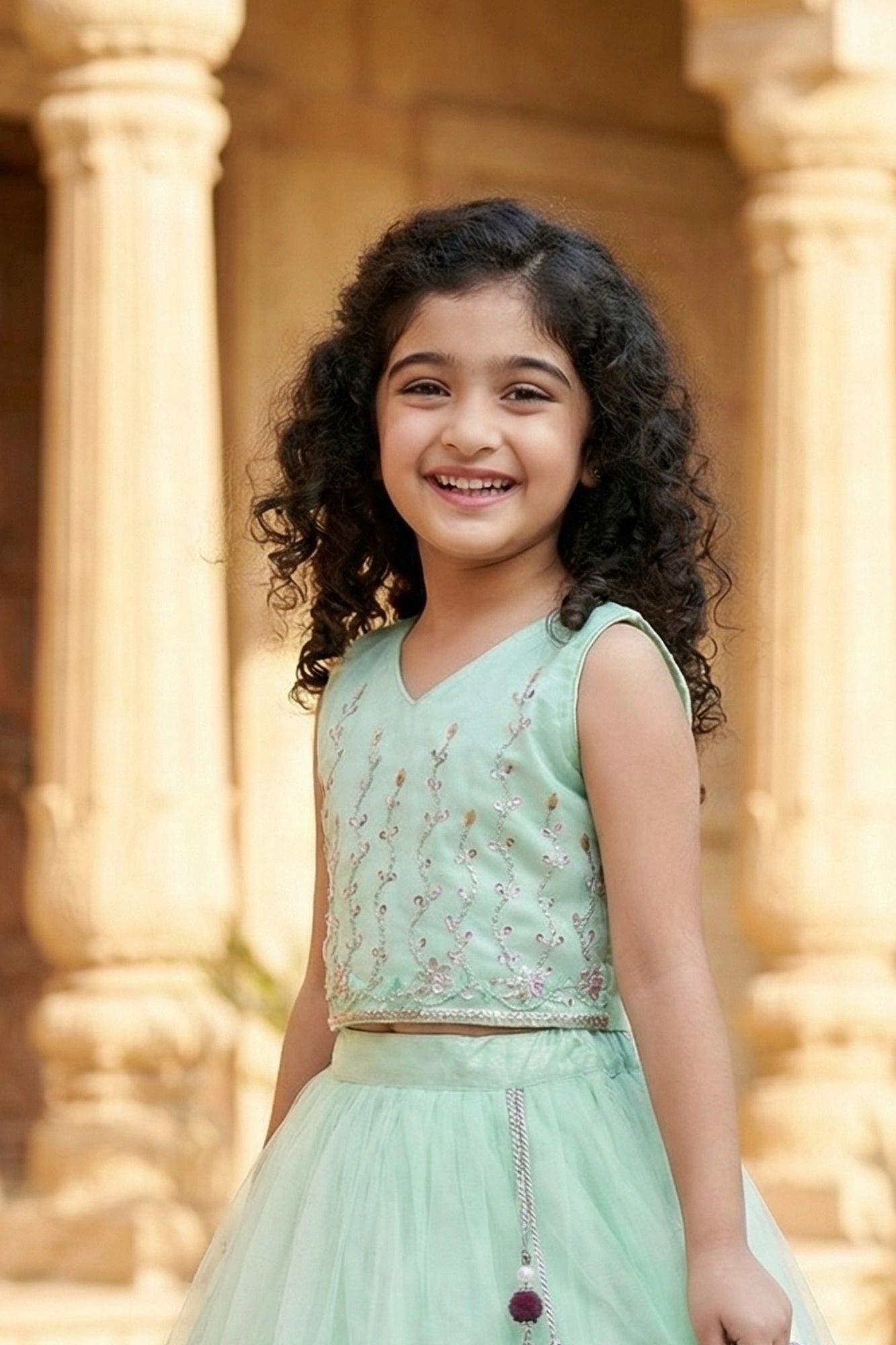 Mint Green Sequins Embroidered Lehenga Choli Set For Girls