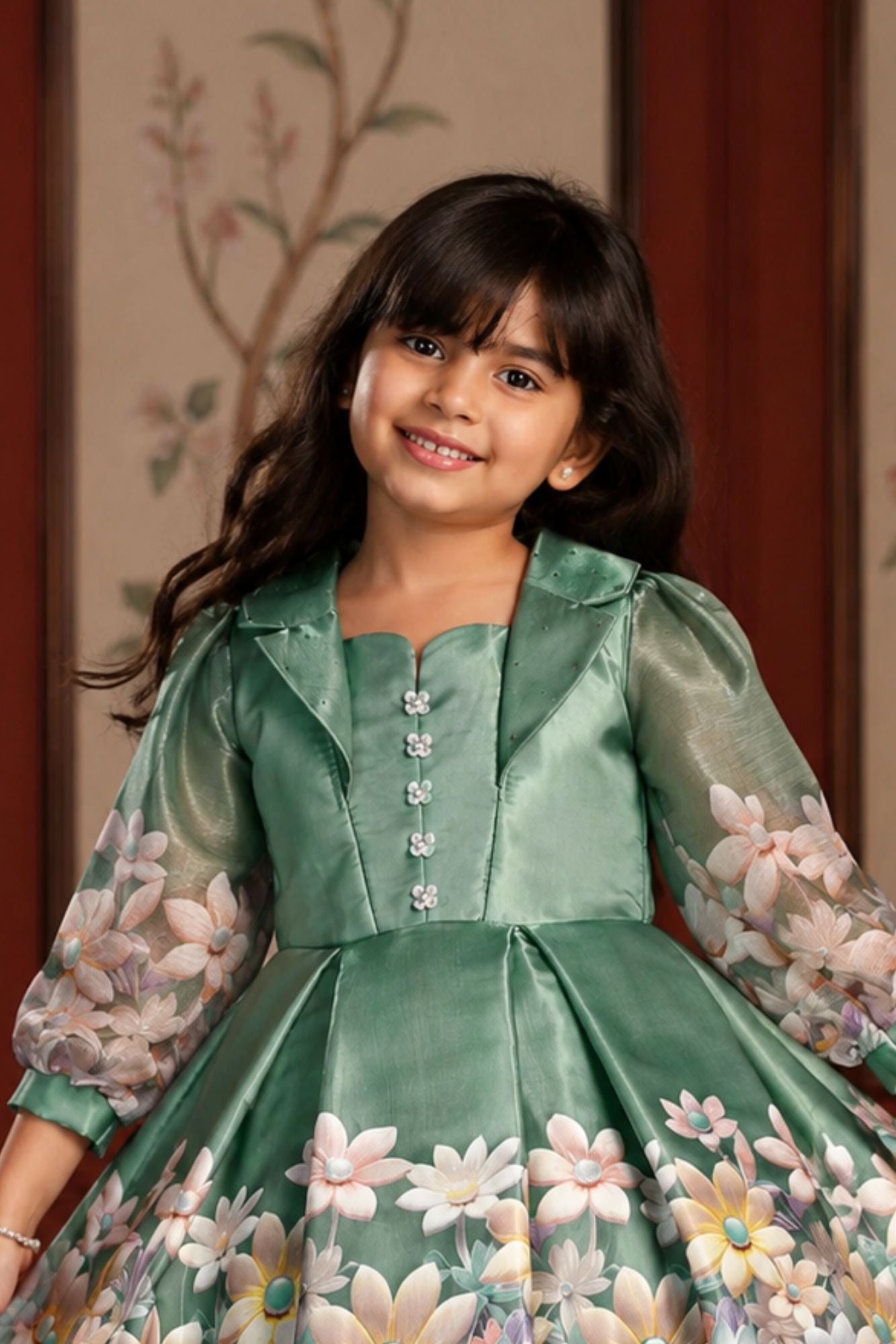 Olive Green Floral Printed And Floral Embellishment Frock For Girls