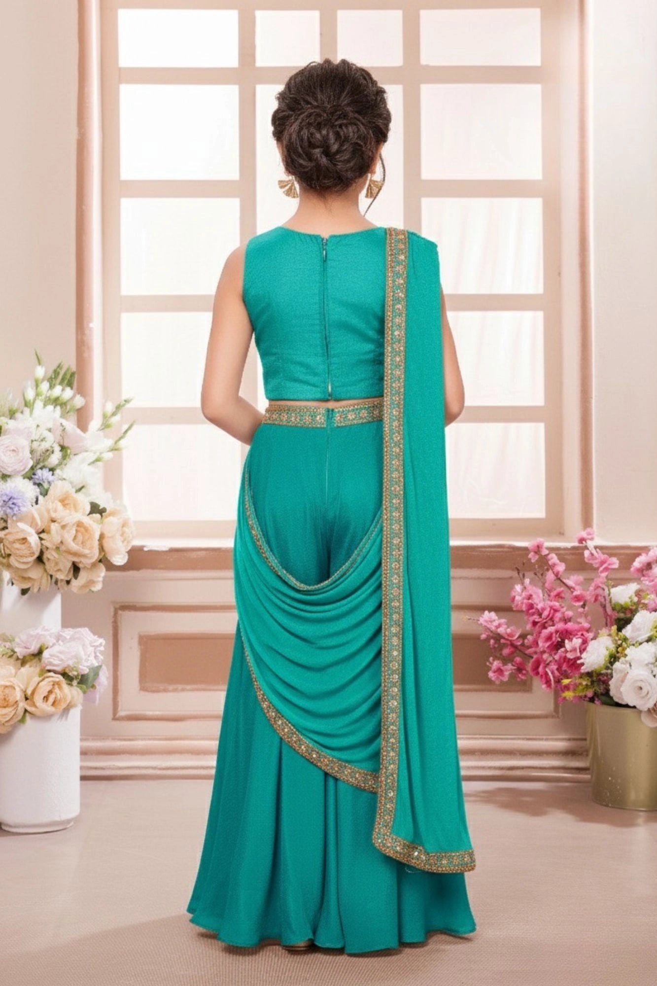 Teal Green Draped Palazzo Saree with Embroidered Blouse For Girls