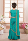 Teal Green Draped Palazzo Saree with Embroidered Blouse For Girls