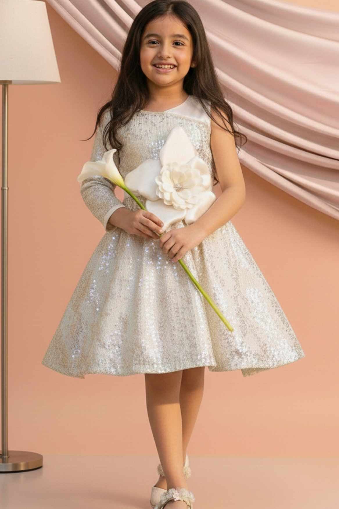 Cream One-Shoulder Sequin Party Frock with 3D Floral Waist Applique For Girls