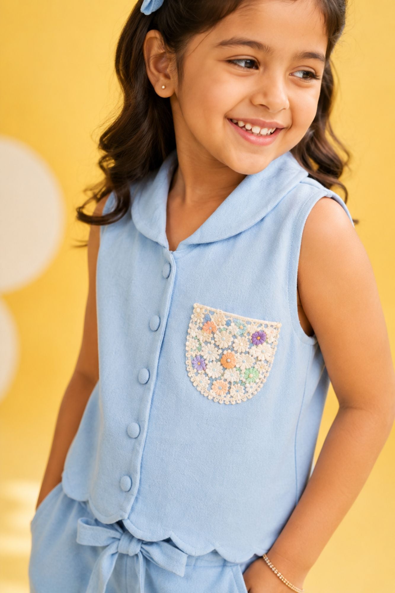 Girls Sky Blue Sleeveless Embroidered Co-Ord Set with Wide Leg Pants