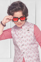 Stylish Peach Printed Waistcoat With Shirt And Pant Set For Boys