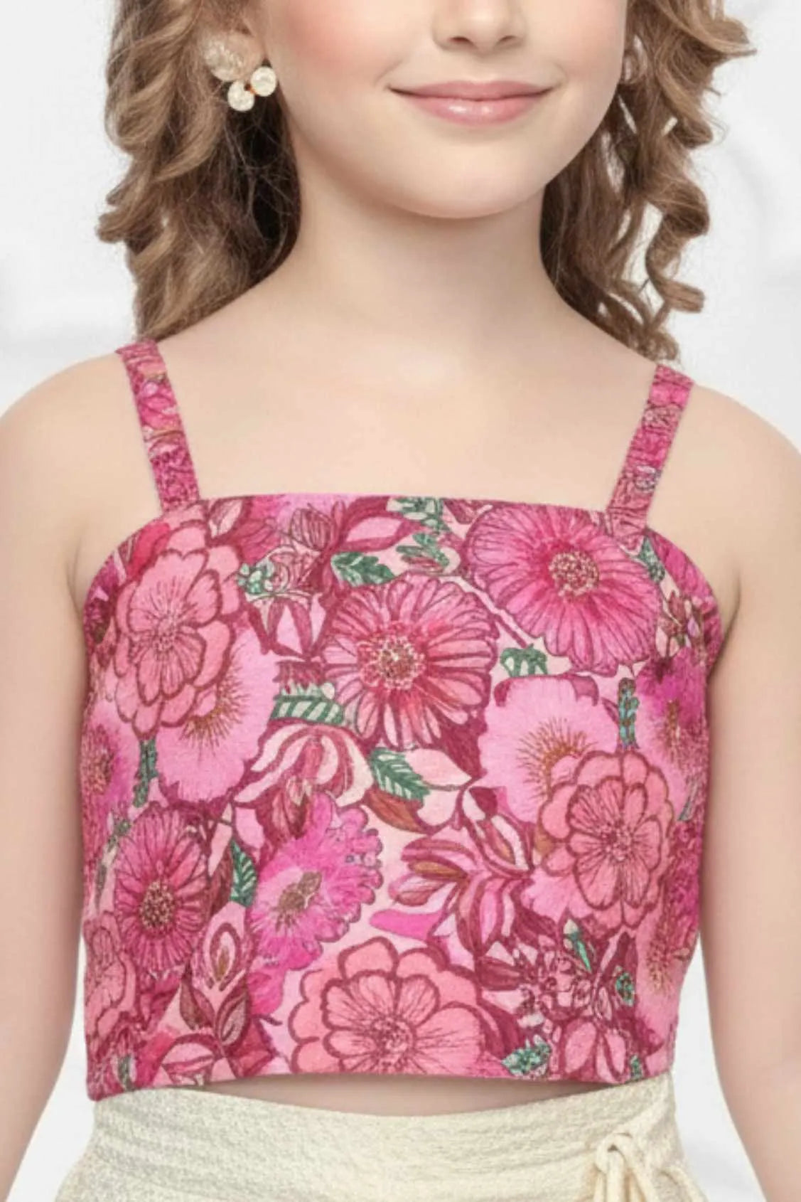 Pink and Cream Printed Set With Jacket For Girls