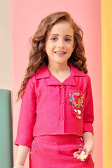 Stylish Pink Co ord Set Enhanced With Embroidered Pocket  For Girls