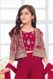 Rani Pink Embroidered Crop Top with Jacket and Palazzo Set For Girls