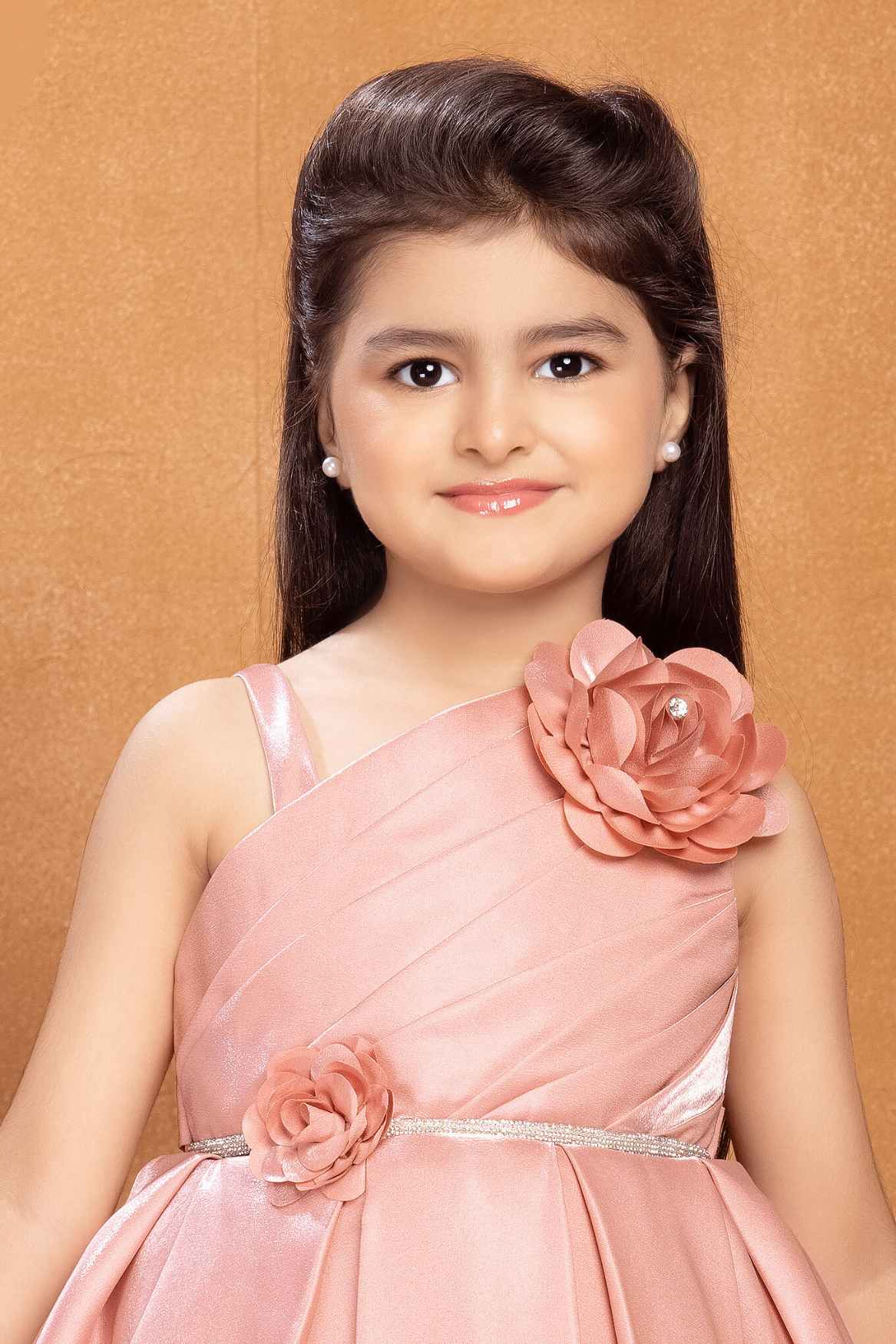 Peach Satin Frock With Floral Embellishment For Girls