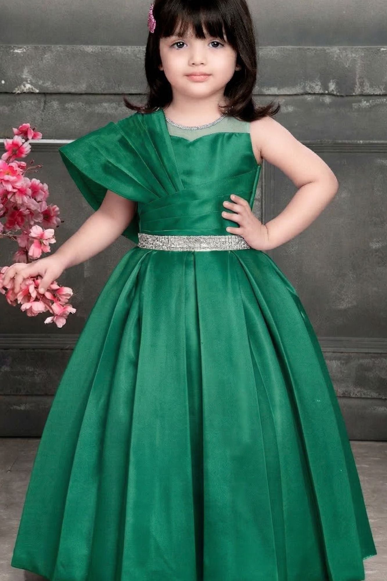 Emerald Green One-Shoulder Party Wear Gown with Embellished Waist Belt For Girls