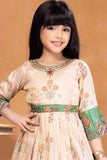 Designer Beige And Green Floral Printed Ethnic Gown With Multicolor Borders For Girls