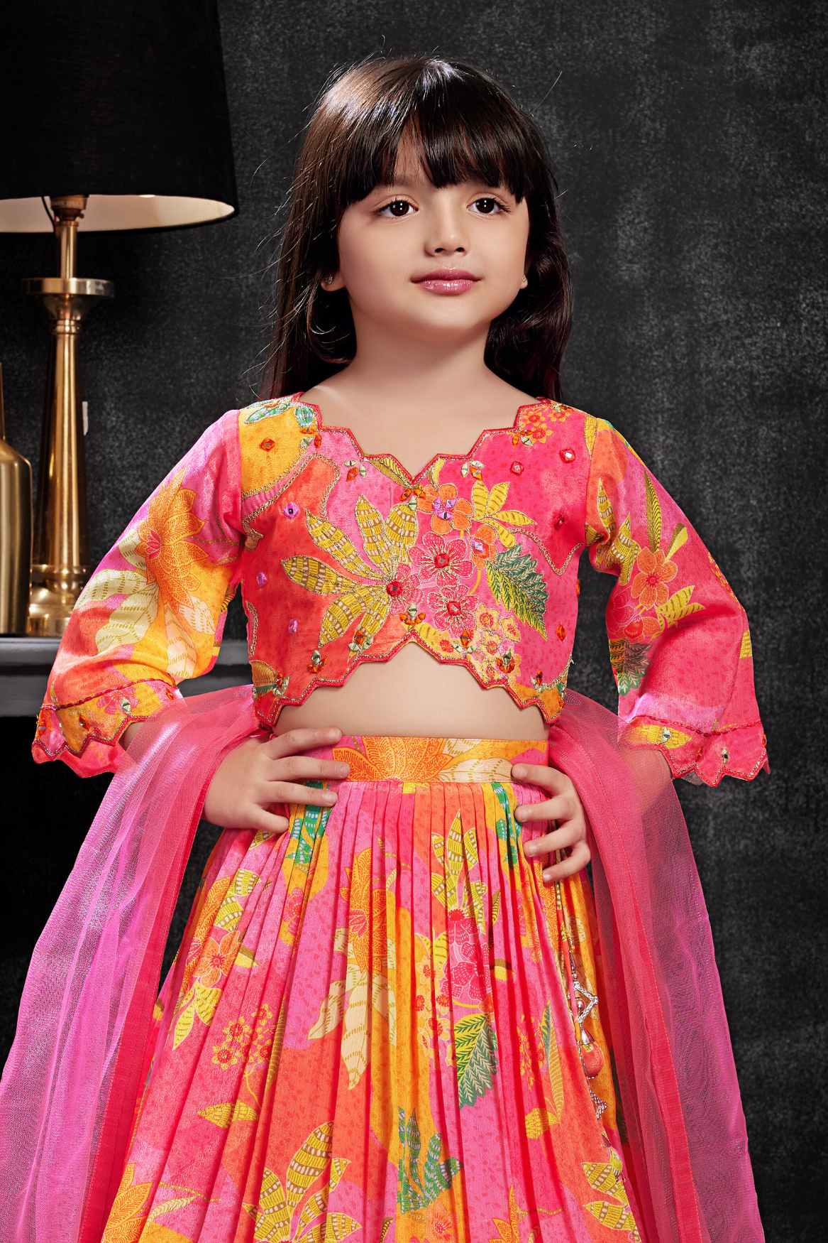 Pink and Orange Floral Printed Lehenga Choli Set with Dupatta