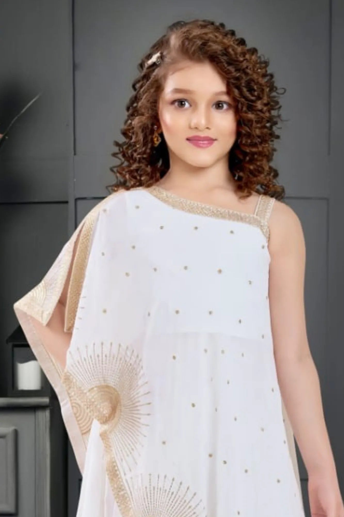 Designer Cream Embellished One-Shoulder Palazzo Set For Girls