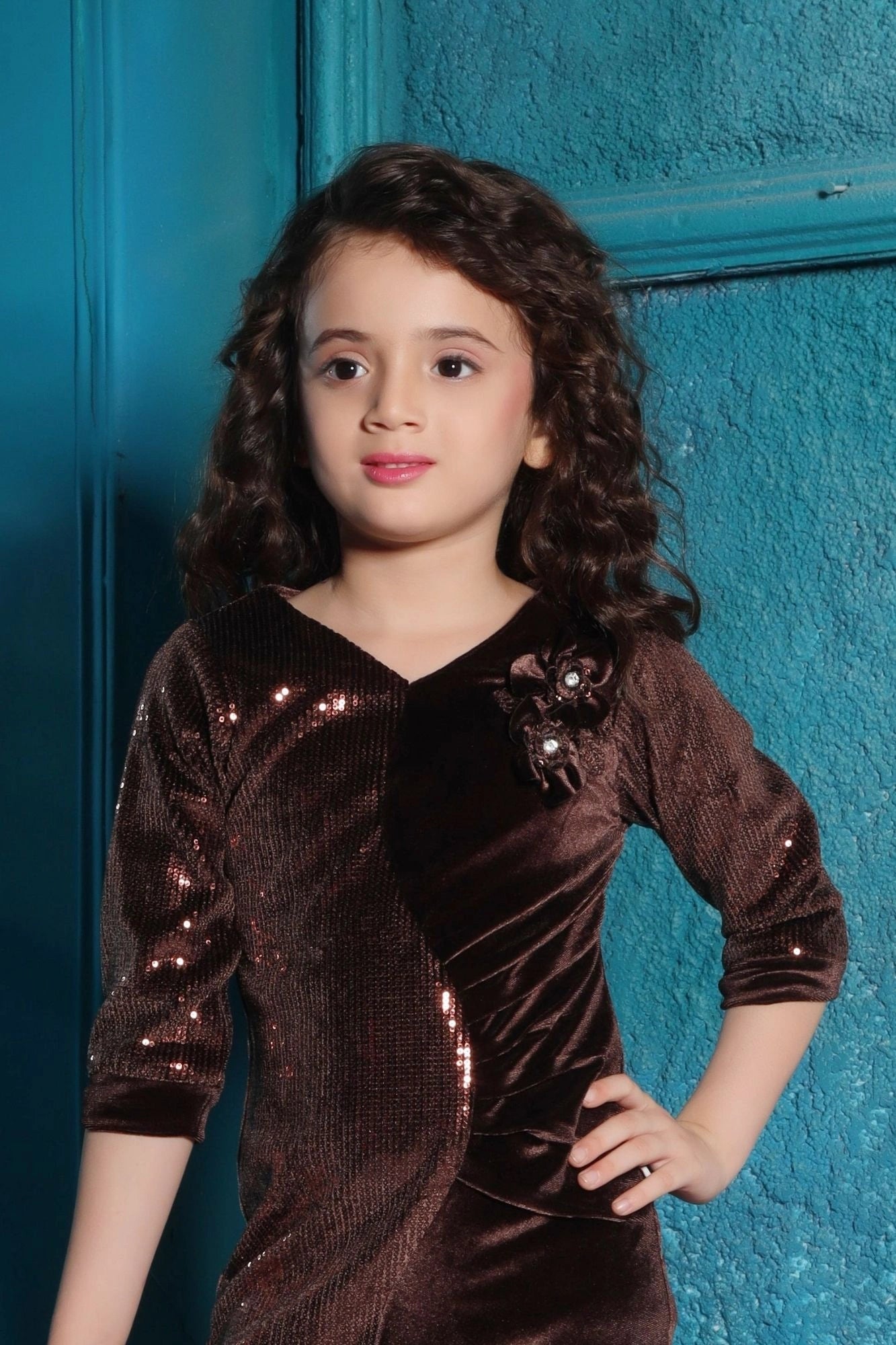 Brown Sparkle Velvet And Sequin Party Dress For Girls