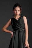 Black Satin Evening Gown with Pleated Overlap Bodice For Girls
