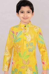 Yellow Full Sleeve And Floral Printed Kurta Set For Boys