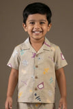 Beige Printed Night Suit Set For Boys