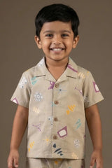 Beige Printed Night Suit Set For Boys