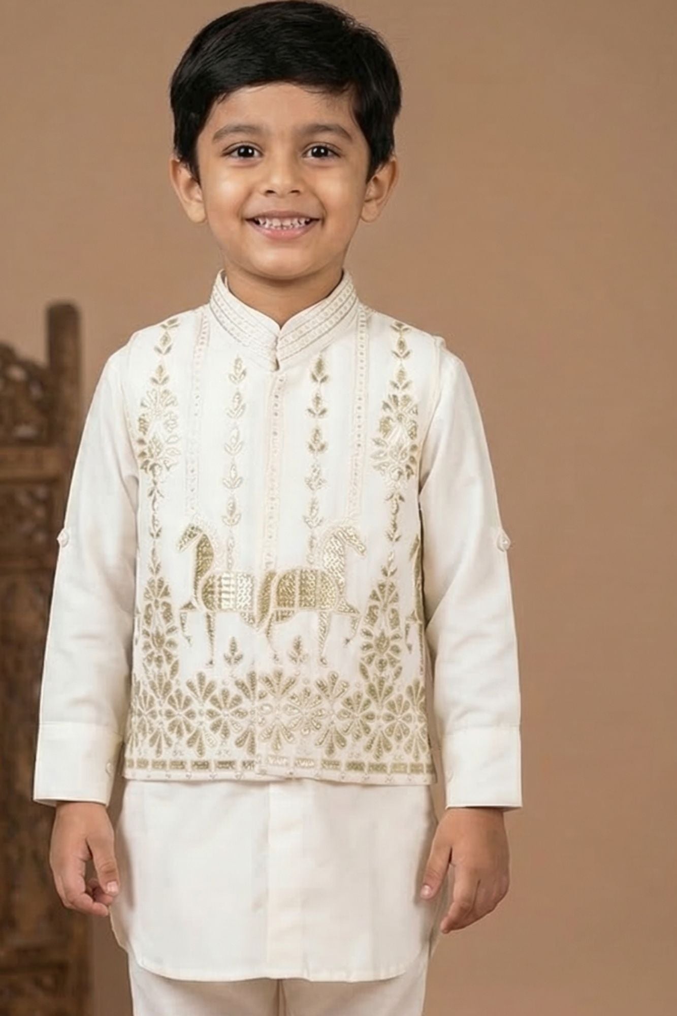 Ivory Kurta Pyjama Set With Embroidered Nehru Jacket For Boys