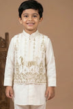 Ivory Kurta Pyjama Set With Embroidered Nehru Jacket For Boys