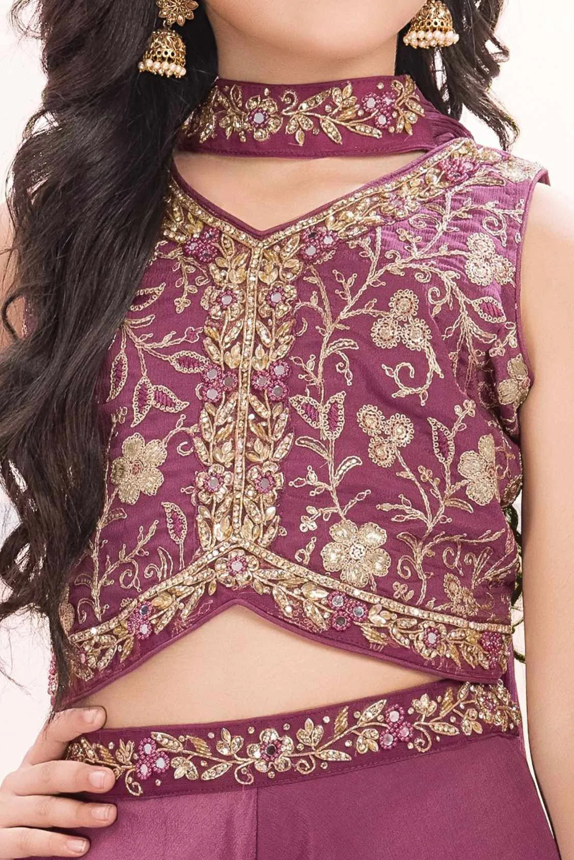 Wine Embroidered Palazzo Set For Girls