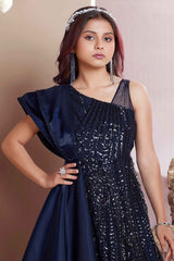 Navy Blue Sequined Partywear Gown For Girls