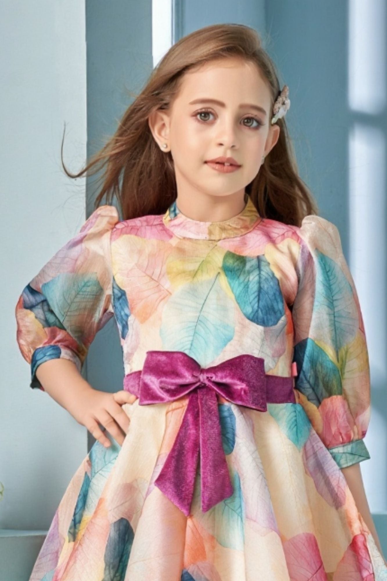Multicolor Leaf Print Party Frock with Puff Sleeves and Contrast Bow For Girls