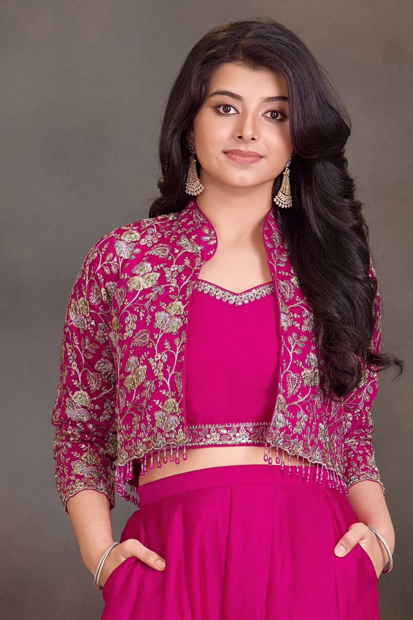 Rani Pink Embroidered Palazzo Set with Crop Top & Jacket For Girls