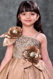 Gold Party Wear Frock With Sequin Bodice And 3D Floral Appliqué For Girls