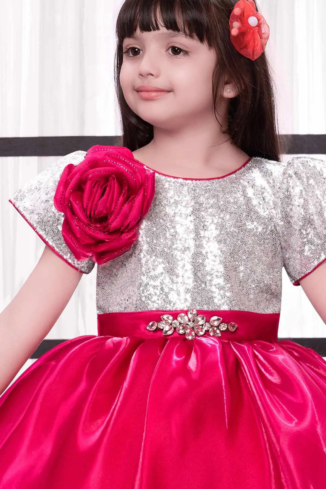 Rani Pink Party Frock with Silver Sequin Bodice For Girls