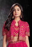 Luxe Rani Pink Sequins Work With Thread Embroidered Palazzo Set With Overcoat For Girls