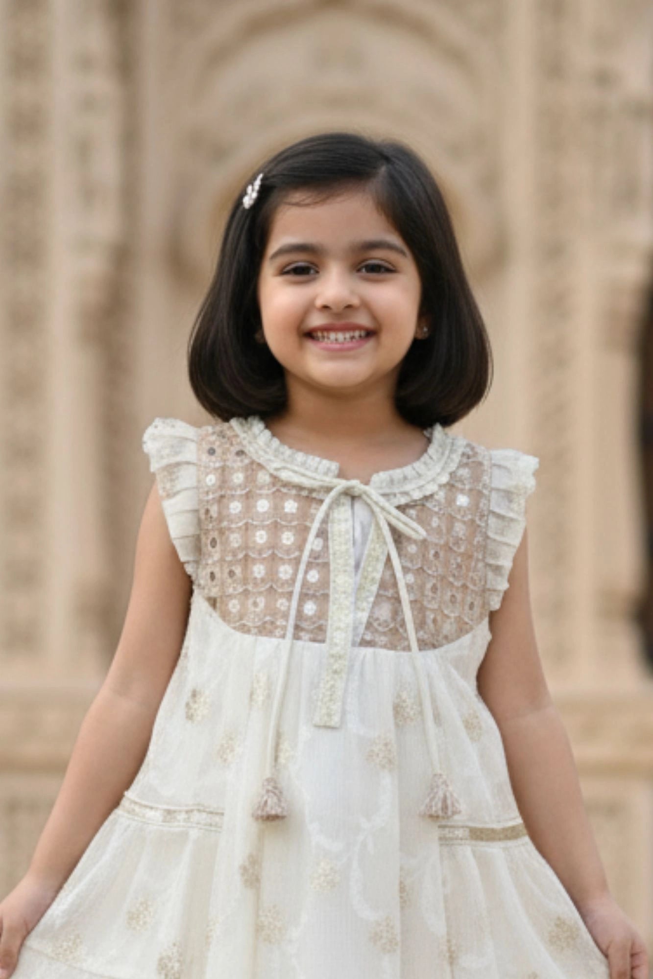 Cream Zari Embroidered Dress  For Girls