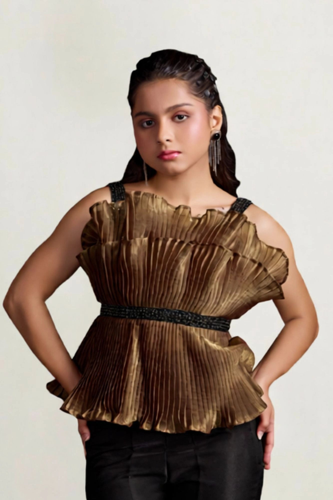 Metallic Gold Pleated Top with Pants For Girls