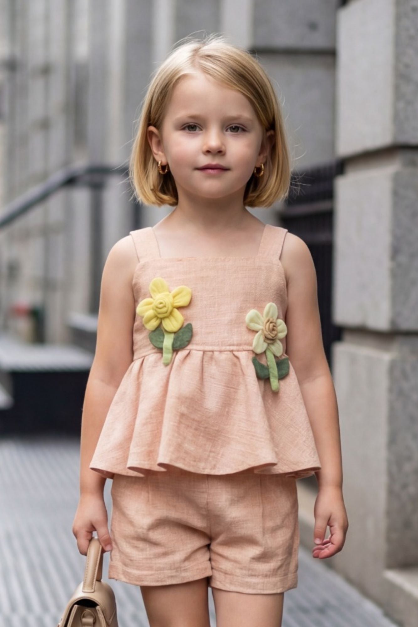 Girls Peach Peplum Top And Shorts Co-Ord Set with Floral Applique