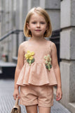 Girls Peach Peplum Top And Shorts Co-Ord Set with Floral Applique