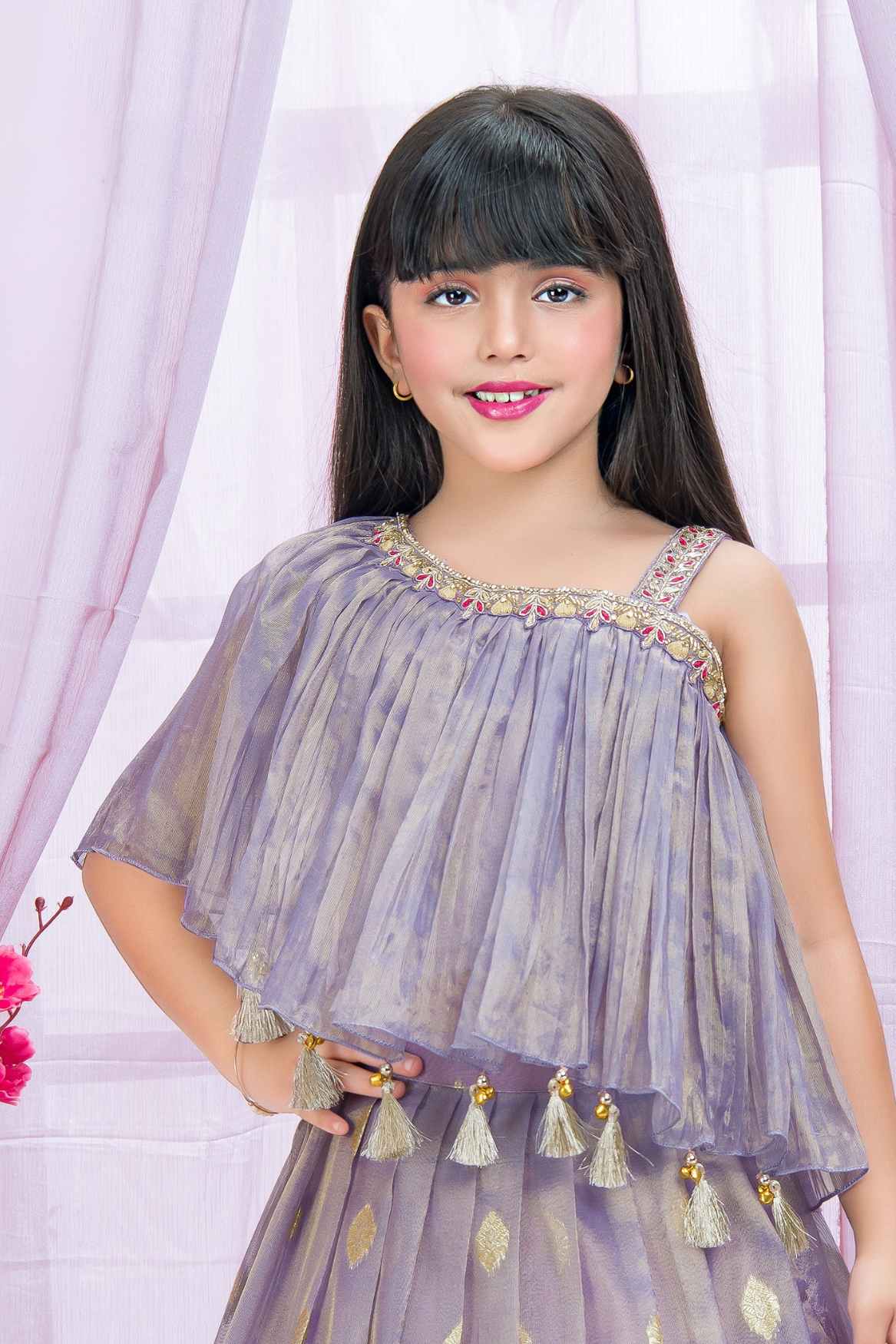 Lavender Stone Work And Zardosi Work Lehenga Choli For Girls