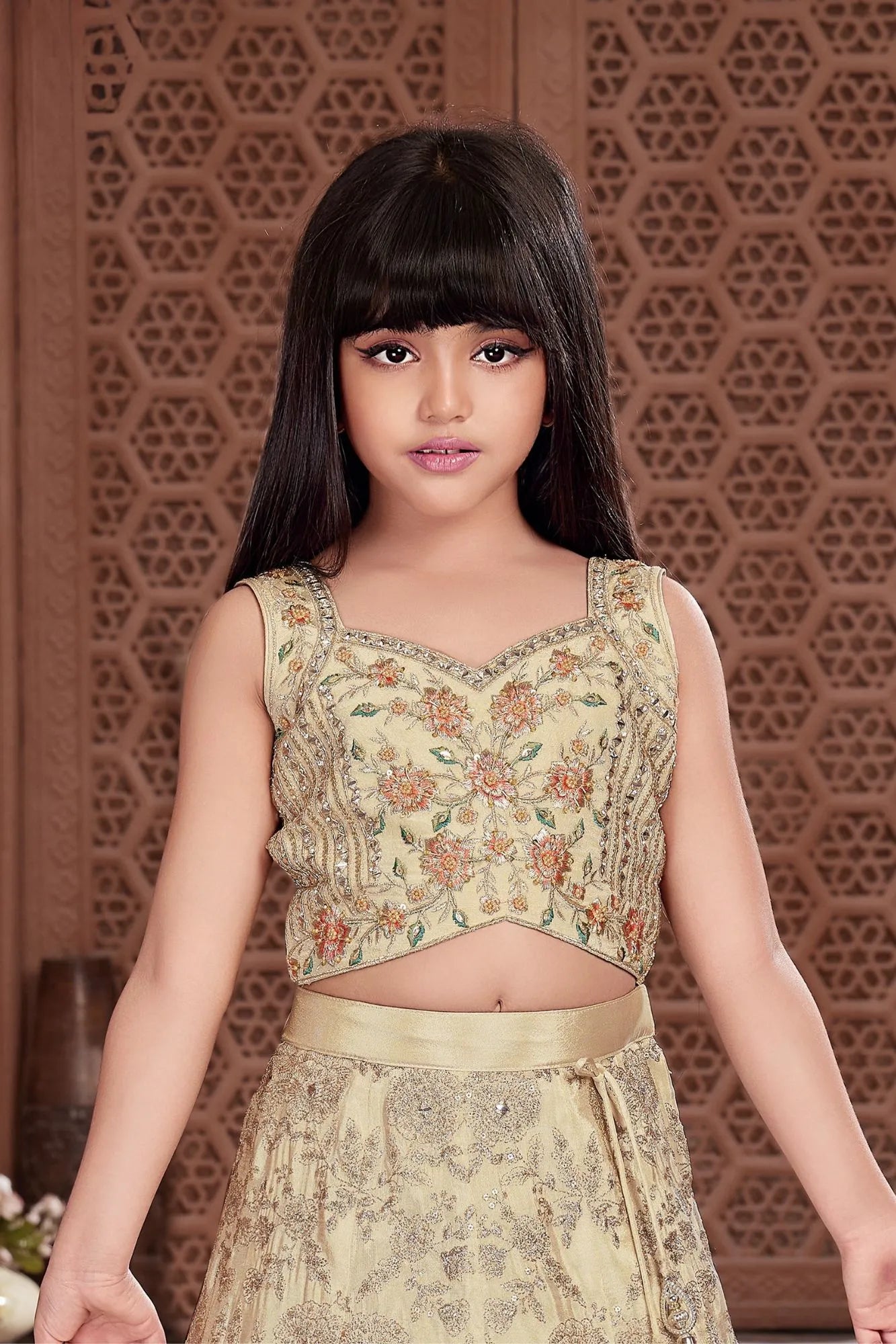 Cream Floral Embroidered Lehenga Choli Set with Dupatta For Girls