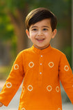 Classic Orange Bandhini Printed Kurta with White Pajama Set For Boys