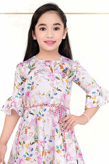 Pink 3/4th Bell Sleeves And Floral Printed Frock For Girls